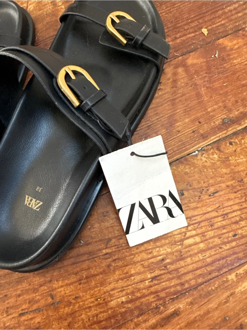 Zara Brand New Black Double Strap Slide Sandals with Gold Buckles - Picture 4 of 5